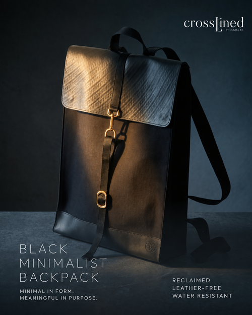 Front view of the Black Minimalist Backpack in reclaimed black canvas
