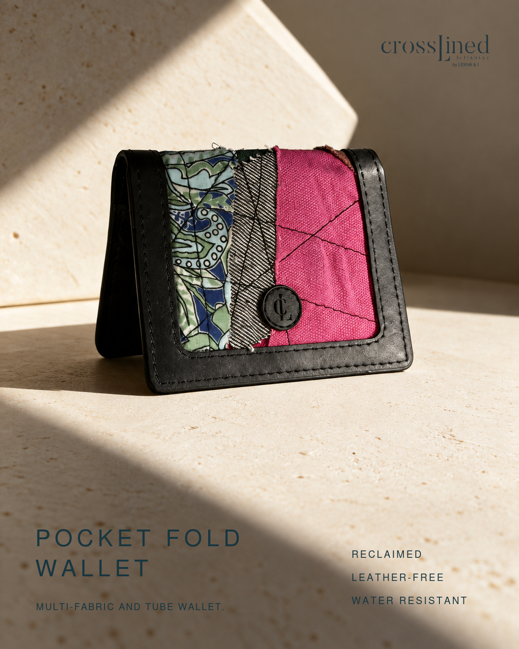 A folded pocket wallet with a black tyre tube trim and three fabric panels in green, gray, and bright pink, displayed on a textured beige surface with dramatic diagonal shadows. The brand name 'crosslined' is visible in the top right, and text at the bottom reads 'POCKET FOLD WALLET' and 'RECLAIMED LEATHER FREE WATER RESISTANT'.