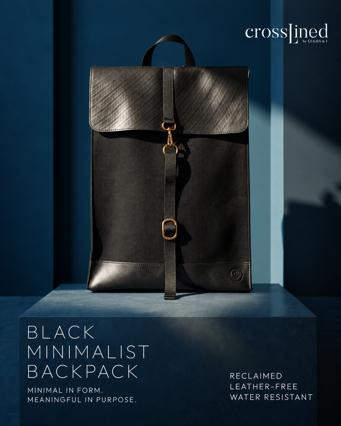 Black minimalist backpack made from reclaimed black canvas and repurposed tyre tube
