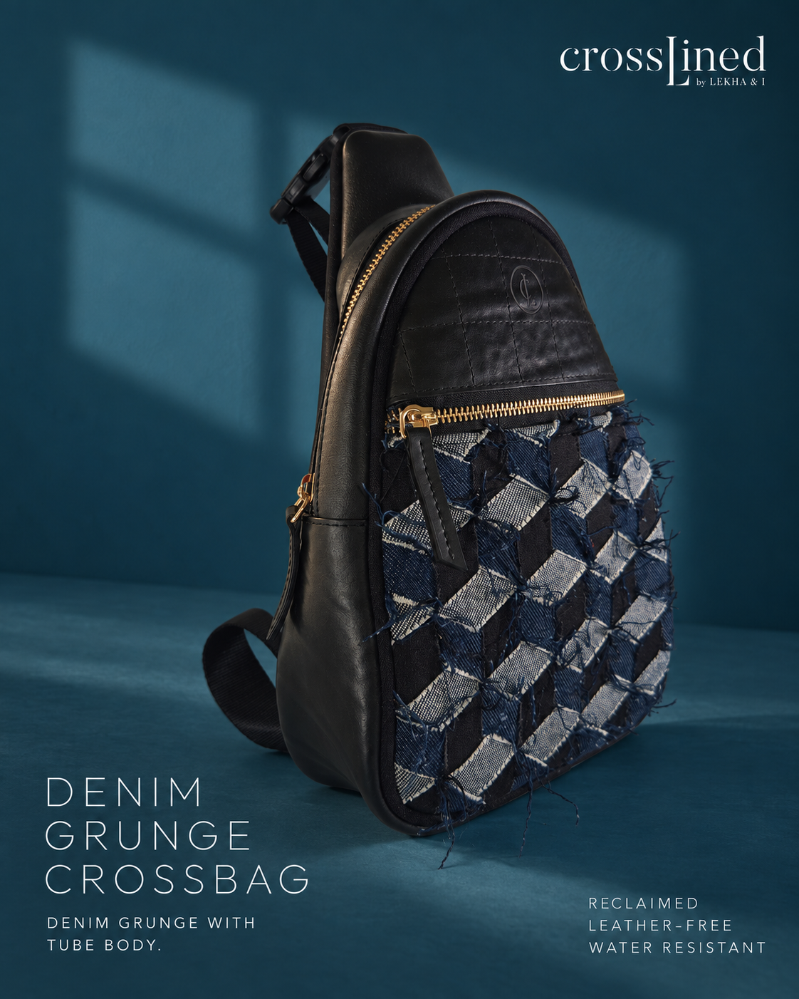 A Crosslined denim grunge crossbag with a black leather-like tube body and a front pocket covered in blue, gray, and beige distressed denim patches, shown on a dark blue studio background with text overlays.