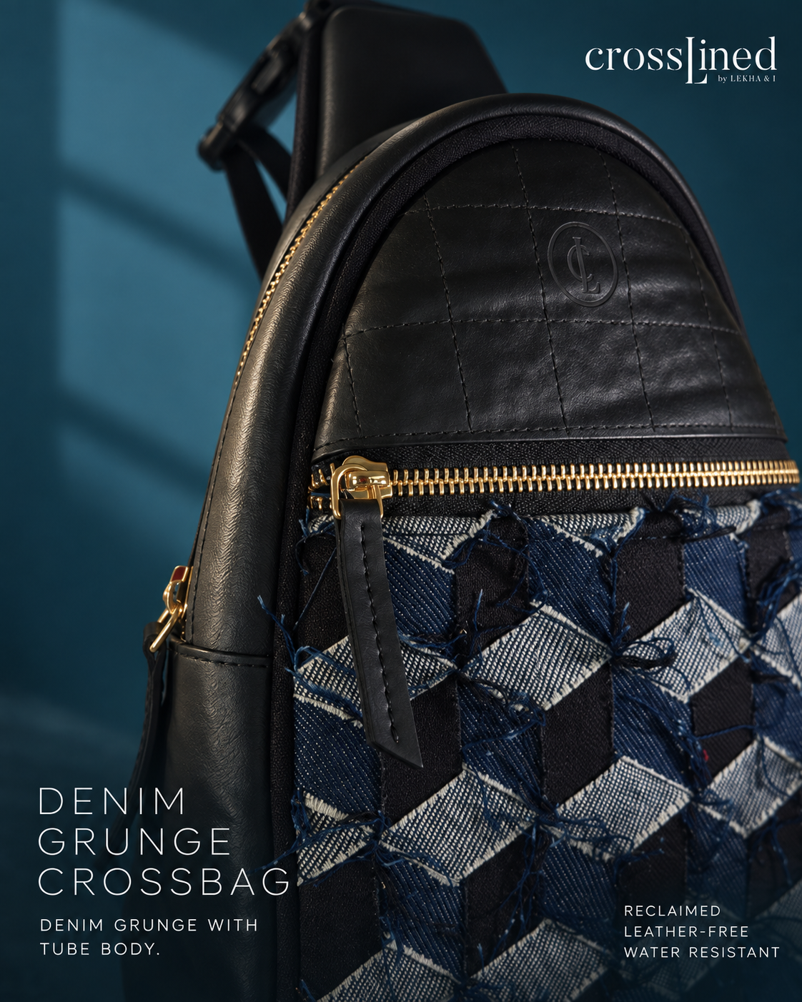 Close-up of a Crosslined denim grunge crossbag with black tyre tube trim, gold zippers, and a blue-and-black patterned woven body, shown against a dark blue background with product text.