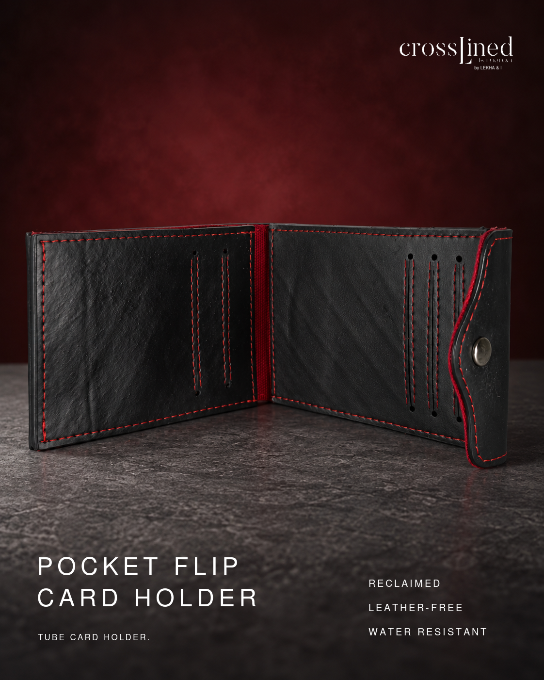An open black tyre tube pocket flip card holder wallet with red contrast stitching, displayed on a dark textured surface against a dark red background. The brand name 'crosslined' is visible in the top right, and product text is displayed on the bottom left and right.