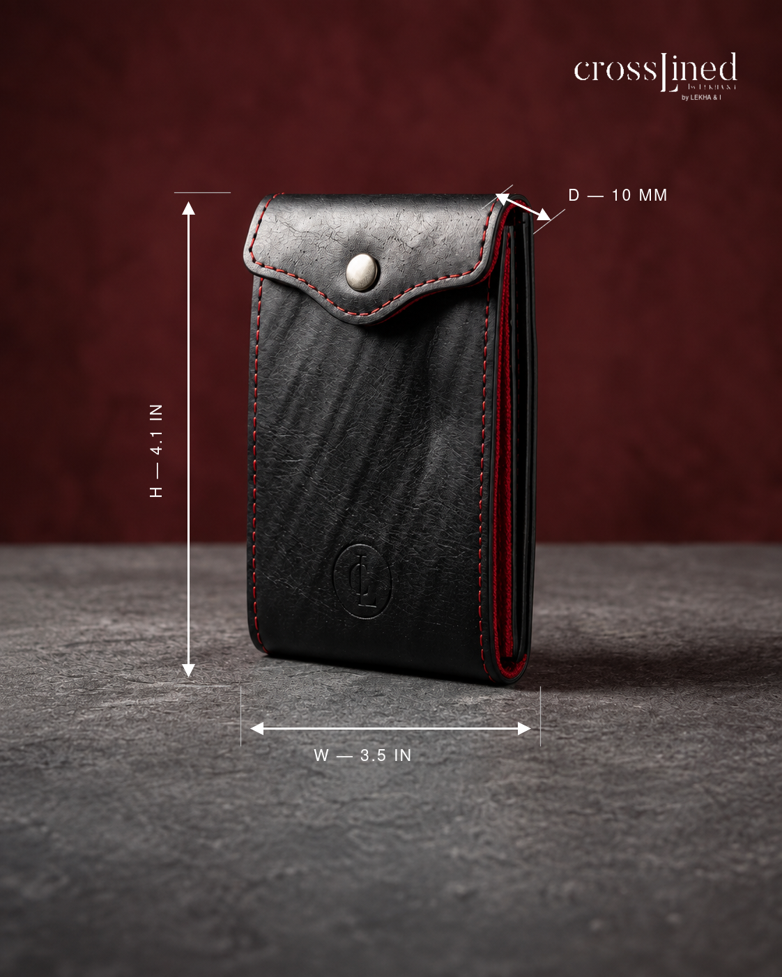 A black leather -free crosslined phone pouch with red stitching and a silver snap button, shown with dimension lines indicating height, width, and depth on a dark textured background.