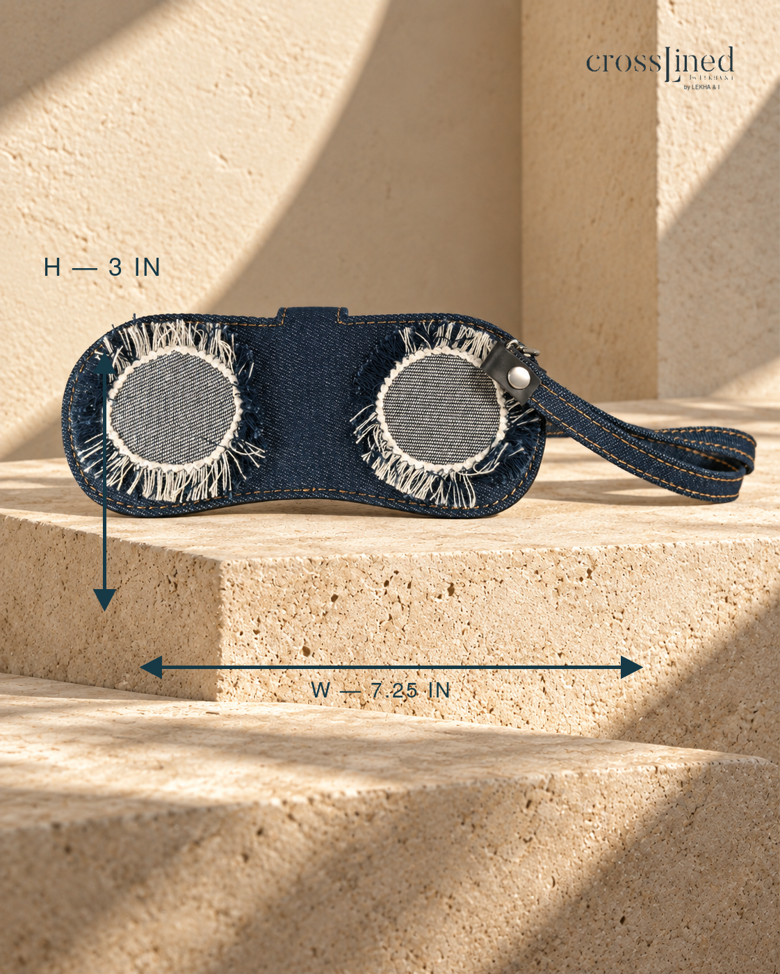 A small denim shade holder with circular frayed details, shown on beige stone steps with dimension arrows and labels indicating height 3 in and width 7.25 in.